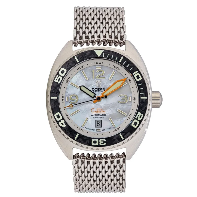 Ocean Crawler Core Diver - White Mother of Pearl - Carbon Fiber Bezel