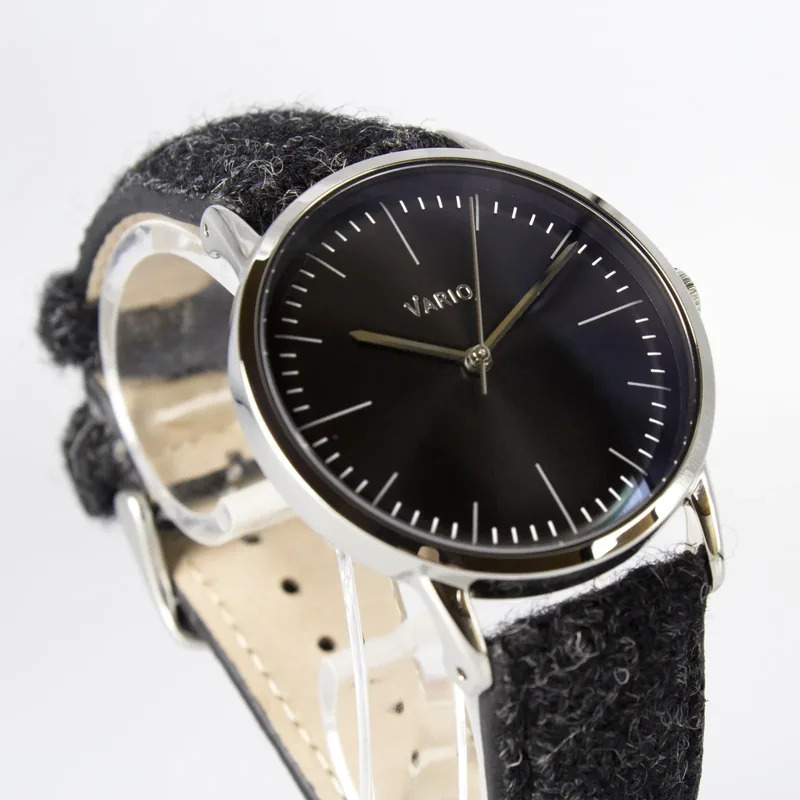 Vario Vario Eclipse Onyx Black Sweeping Quartz Dress Watch on Harris Tweed Watch Strap