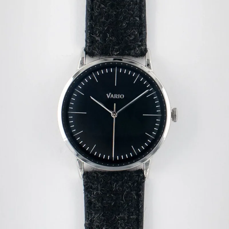 Vario Vario Eclipse Onyx Black Sweeping Quartz Dress Watch on Harris Tweed Watch Strap