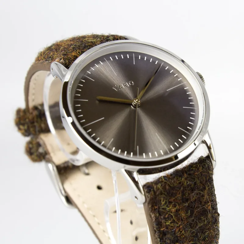 Vario Vario Eclipse Hematite Grey Handwound Dress Watch on Harris Tweed Watch Strap