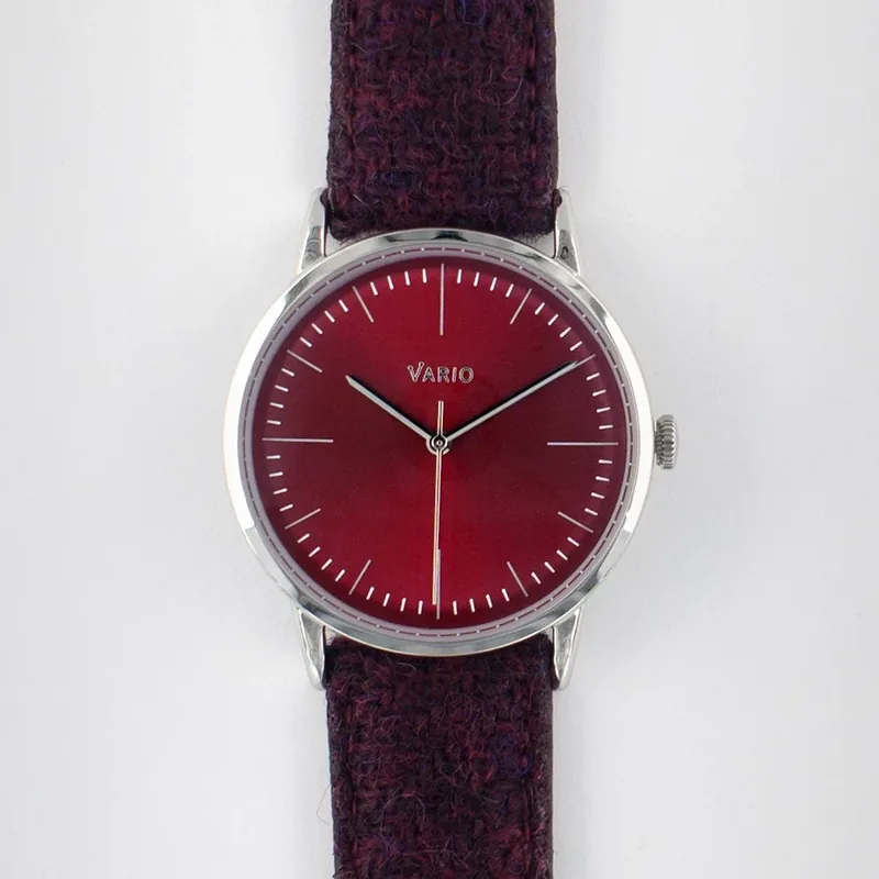 Vario Vario Eclipse Ruby Red Sweeping Quartz Dress Watch on Harris Tweed Watch Strap