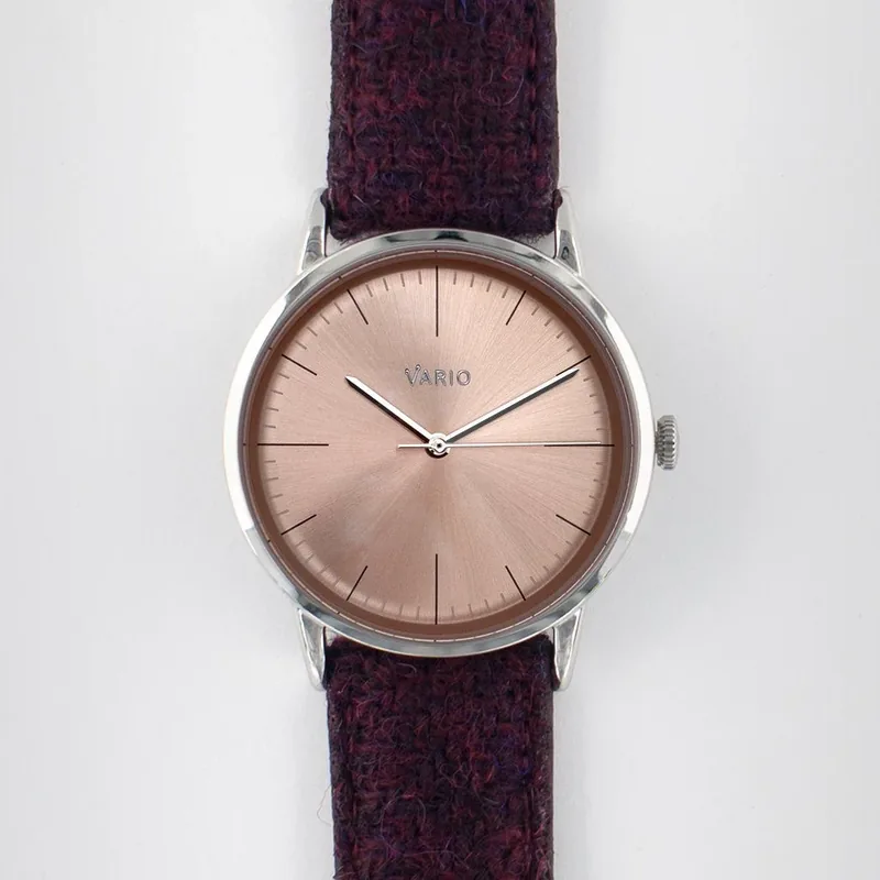 Vario Vario Eclipse SunStone Salmon Handwound Dress Watch on Harris Tweed Watch Strap