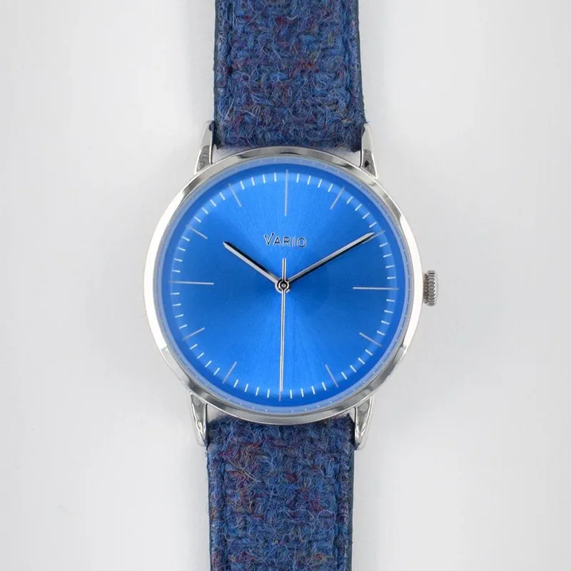 Vario Vario Eclipse Topaz Blue Handwound Dress Watch on Harris Tweed Watch Strap