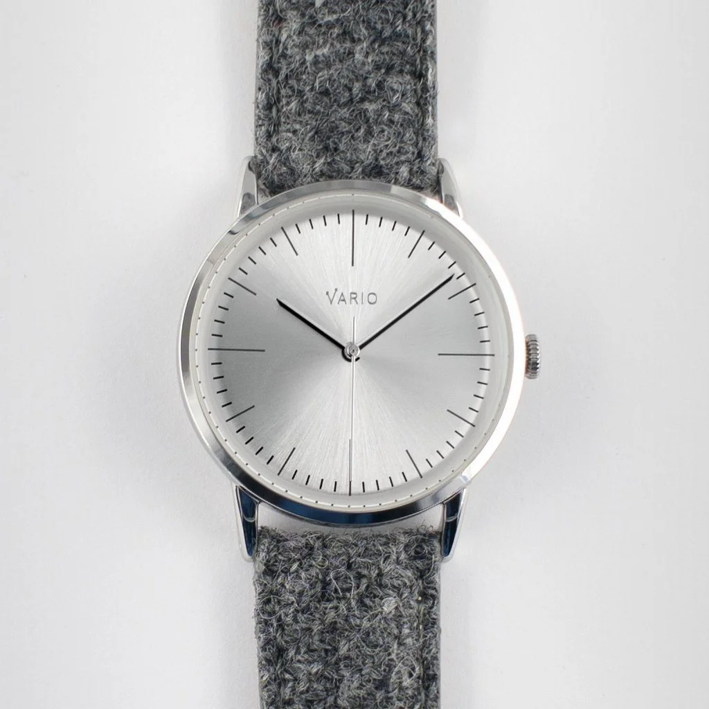 Vario Vario Eclipse Pyrite Silver Sweeping Quartz Dress Watch on Harris Tweed Watch Strap image 1 of 5