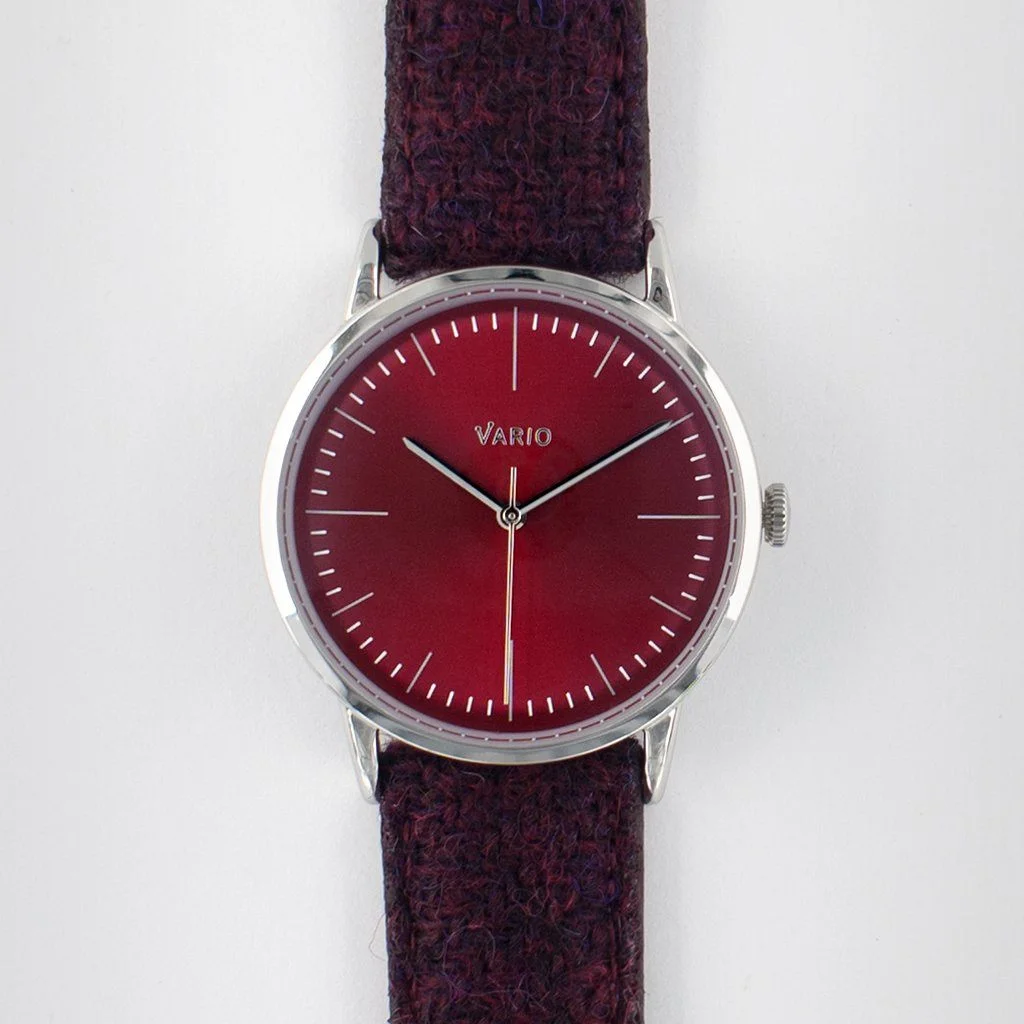 Vario Vario Eclipse Ruby Red Handwound Dress Watch on Harris Tweed Watch Strap image 1 of 5