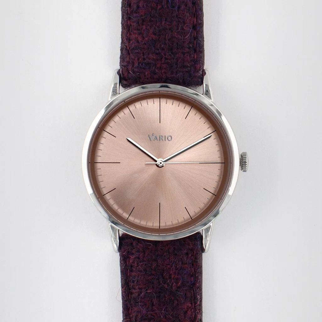 Vario Vario Eclipse SunStone Salmon Handwound Dress Watch on Harris Tweed Watch Strap image 1 of 5